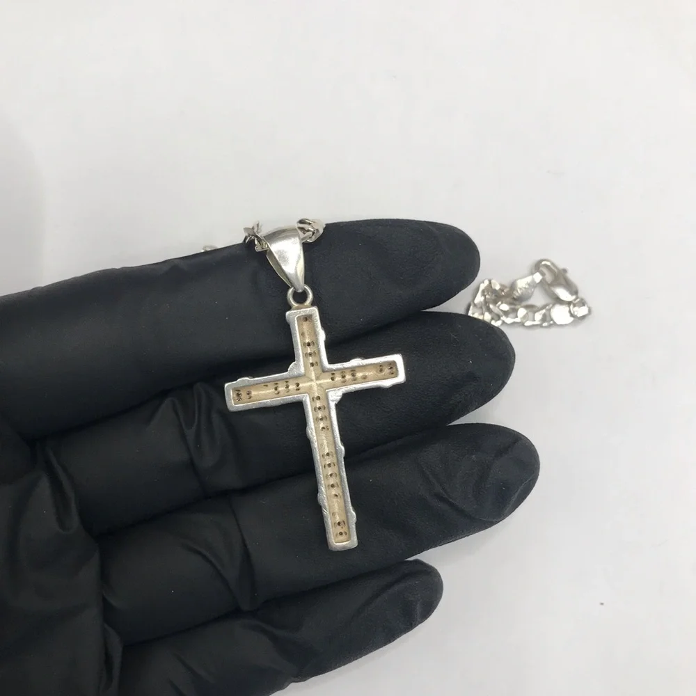 Silver Cuban Chain Necklace with Pave Cross Pendant 925 Sterling Silver 20”